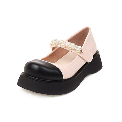 Ladies Lolita Color Block Round Toe Pearls Beading Ankle Strap Platform Flats