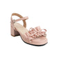 Ladies Square Toe Pleated Butterfly Knot Ankle Strap Low Block Heels Platform Sandals