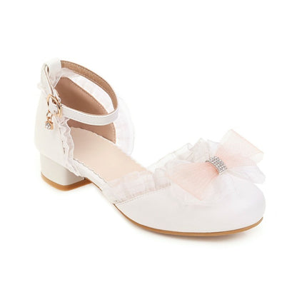 Ladies Lolita Round Toe Lace Butterfly Knot Hollow Out Low Block Heels Sandals