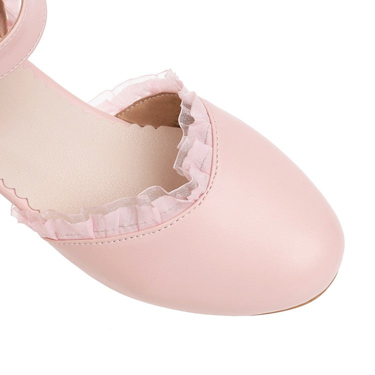 Ladies Lolita Lace Round Toe Pearls Ankle Strap Block Heel Low Heels Sandals