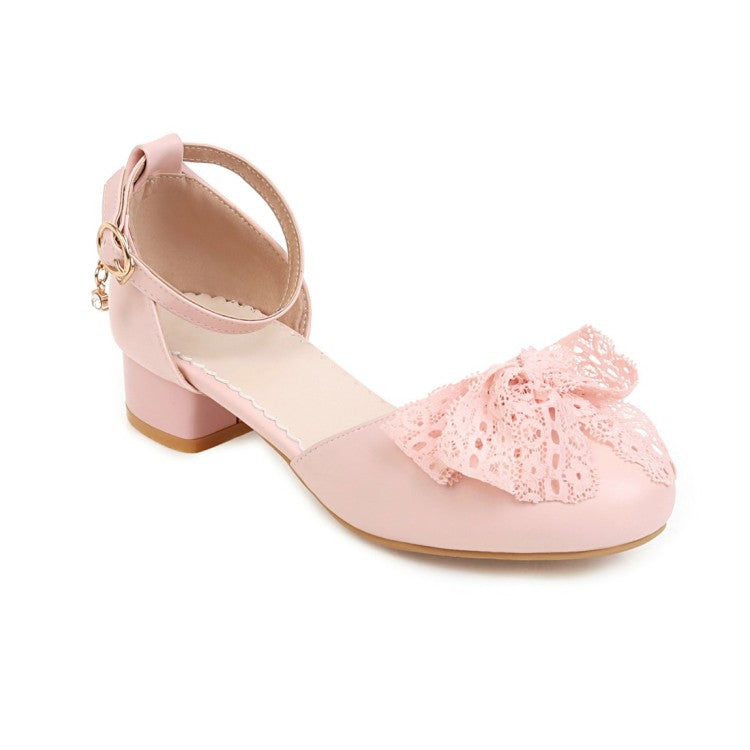 Ladies Solid Color Round Toe Lace Butterfly Knot Ankle Strap Block Heel Low Heels Sandals