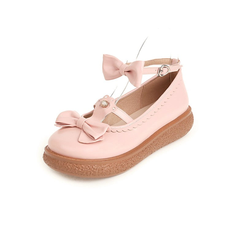 Ladies Lolita Round Toe Ankle Strap Butterfly Knot Bowtie Flat Shoes