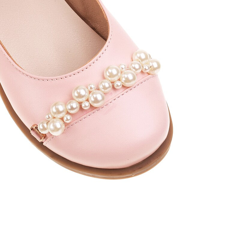 Ladies Solid Color Pearls Beading Flat Many Jane Shoes