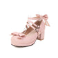 Ladies Pumps Lolita Solid Color Round Toe Butterfly Knot Block Heel Shoes