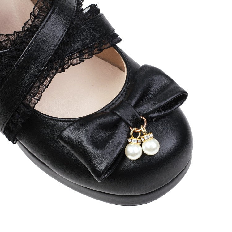 Ladies Pumps Lolita Solid Color Round Toe Butterfly Knot Cross Lace Block Heel Shoes