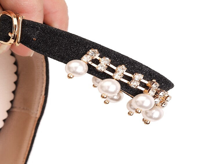 Ladies Pumps Bling Bling Round Toe Pearls Ankle Strap Block Heel Shoes