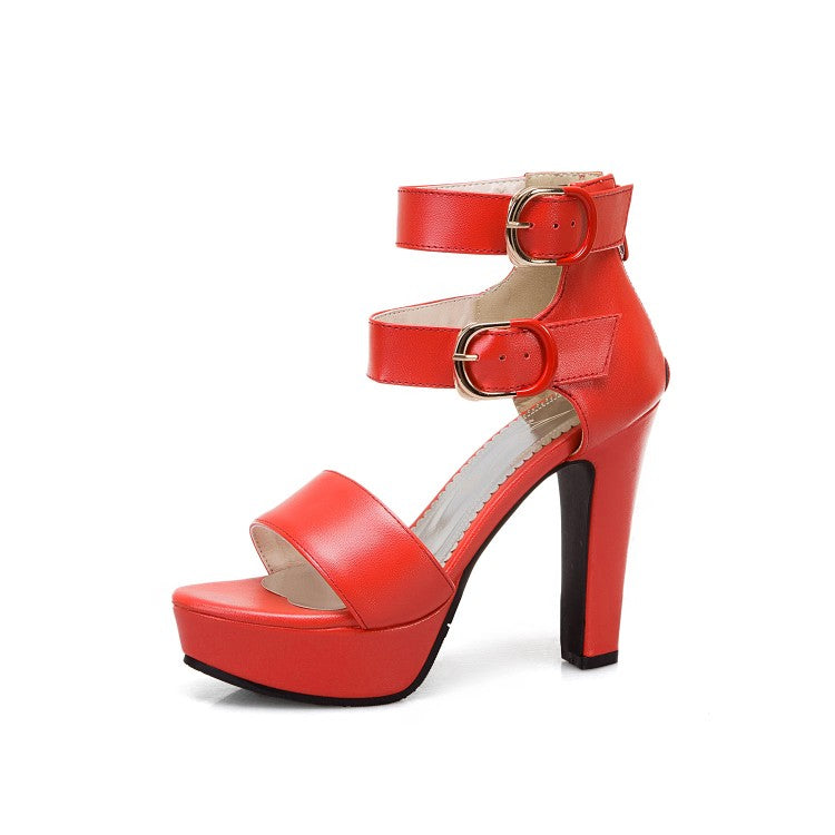 Ladies Solid Color Double Ankle Strap Platform Chunky Heel Sandals