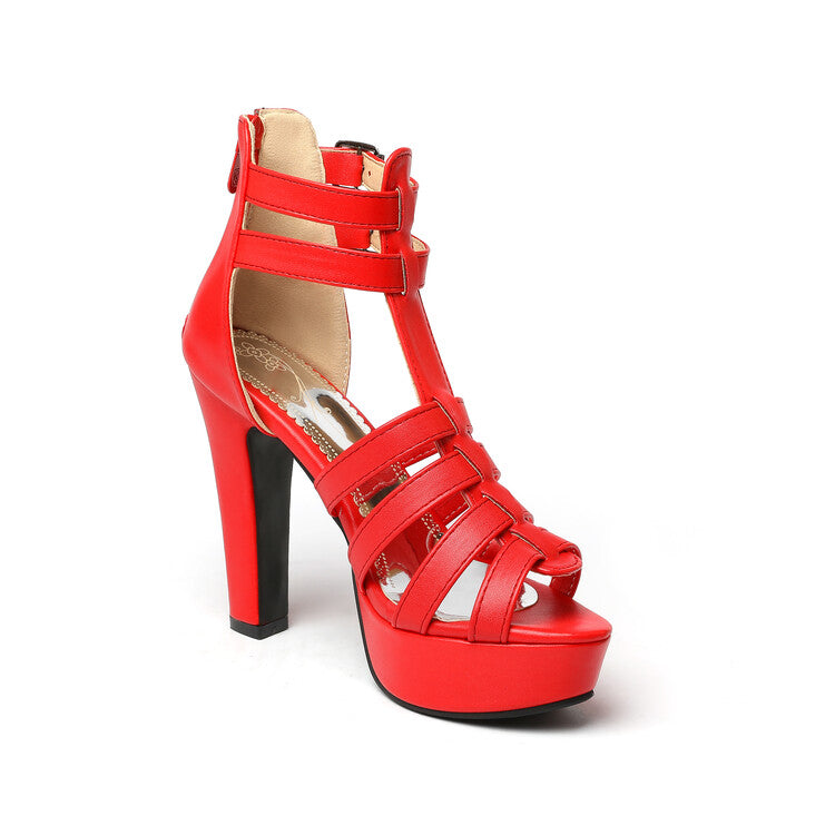 Ladies Solid Color Hollow Out Roman Style Platform Chunky Heel Sandals