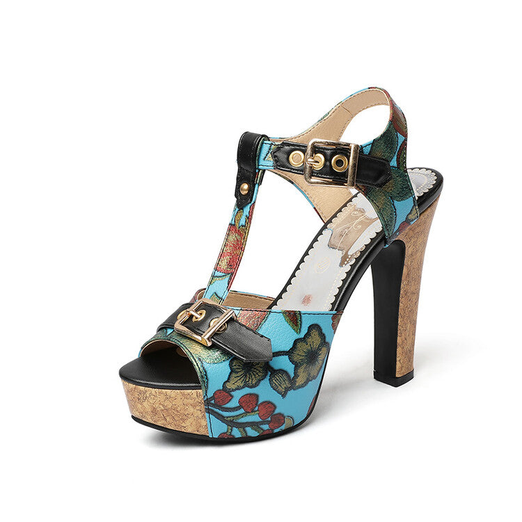 Ladies Colorful Buckle T Ankle Strap Platform Chunky Heel Sandals