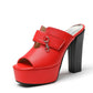 Ladies Solid Color Peep Toe Mules Platform Chunky Heel Sandals