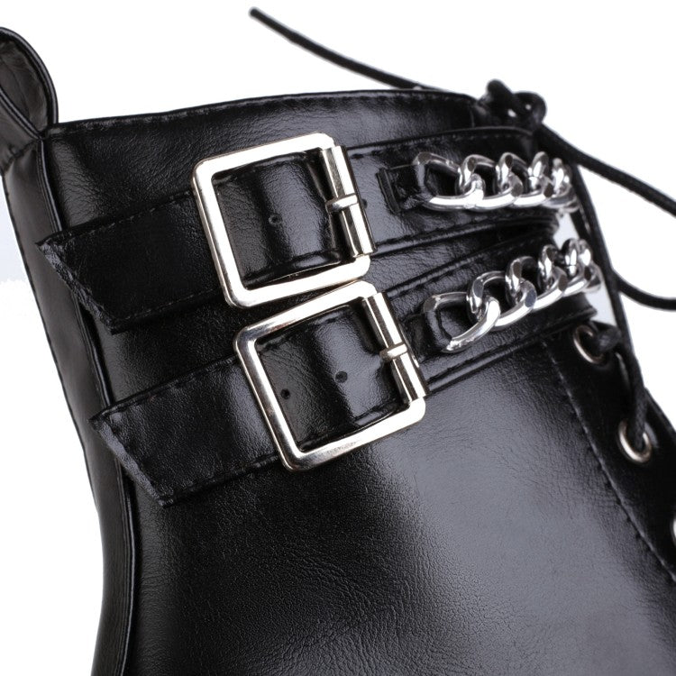 Ladies Square Toe Tied Belts Metal Chains Buckles Block Heel Platform Short Boots