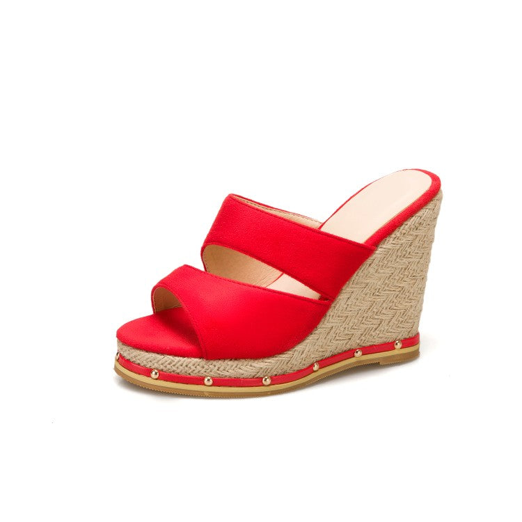 Ladies Solid Color Rivets Woven Wedge Heel Platform Sandals