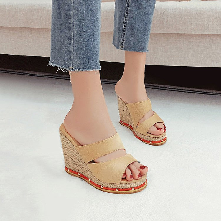 Ladies Solid Color Rivets Woven Wedge Heel Platform Sandals