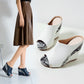 Ladies Solid Color Peep Toe Print Rivets Wedge Heel Platform Sandals