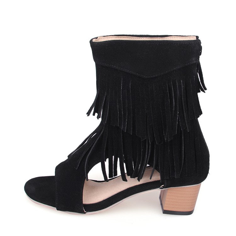 Ladies Solid Color Suede Tassel Round Toe Hollow Out Block Heel Sandals