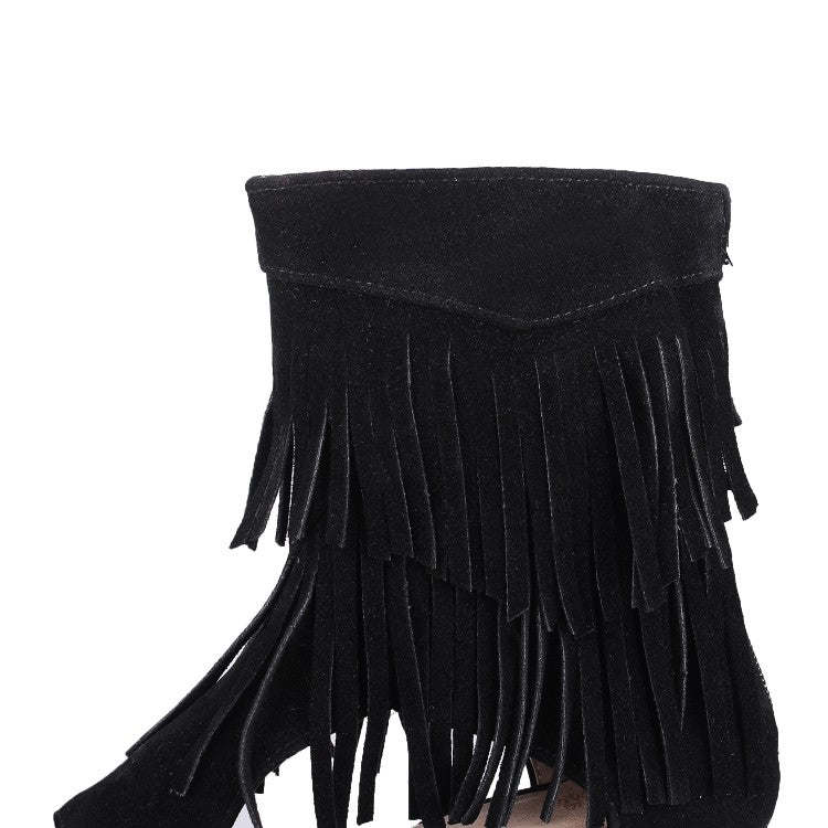 Ladies Solid Color Suede Tassel Round Toe Hollow Out Block Heel Sandals