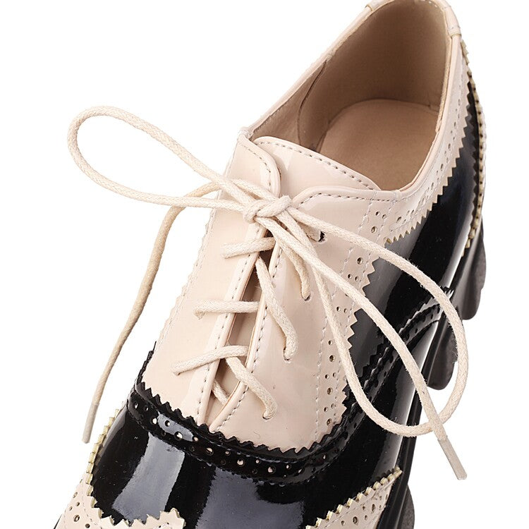 Ladies Round Toe Carved Lace Up Platform Heels Oxford Shoes