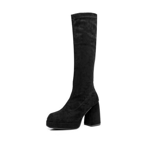 Square Toe Over Knee Block Chunky Heel Platform Knee High Boots for Women