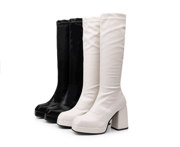 Square Toe Block Chunky Heel Platform Knee High Boots for Women