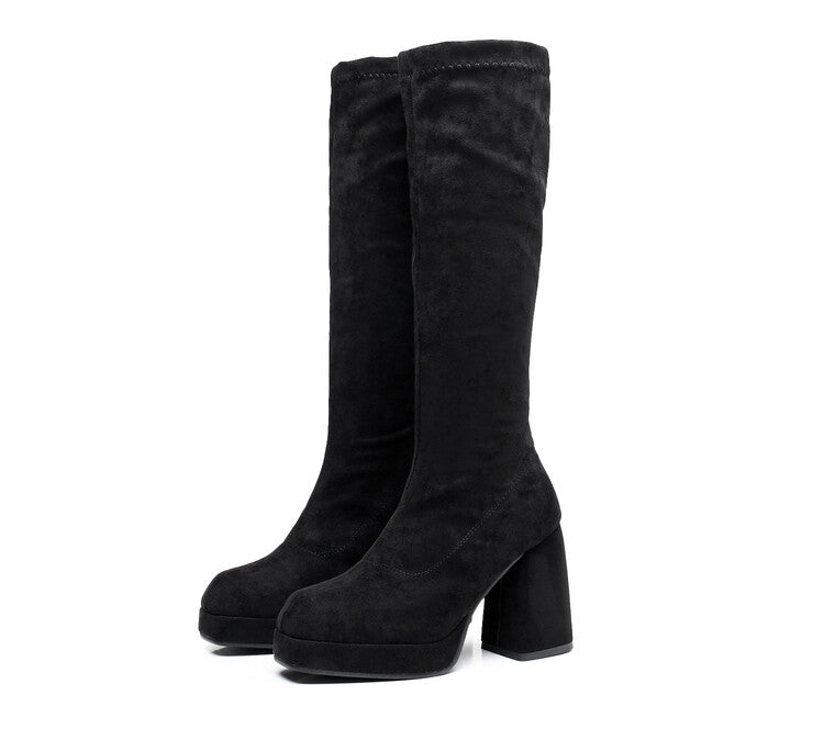 Square Toe Over Knee Block Chunky Heel Platform Knee High Boots for Women