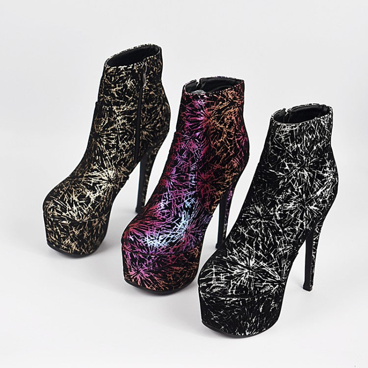 Sequins Side Zippers Platform Stiletto Heel Short Boots for Women