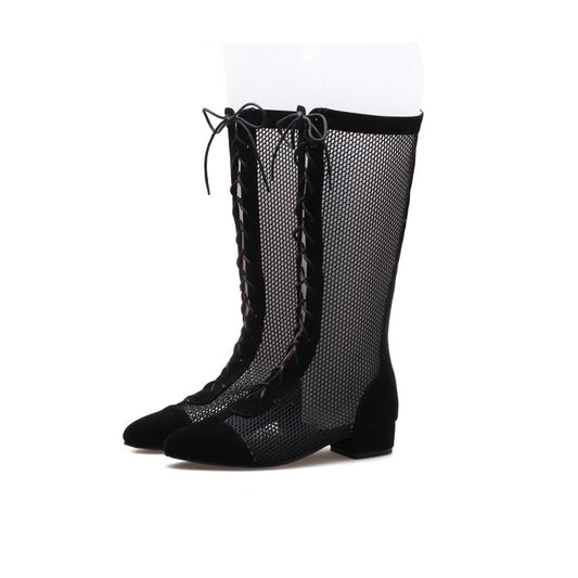 Pointed Toe Mesh Lace-Up Mid Calf Boots for Women