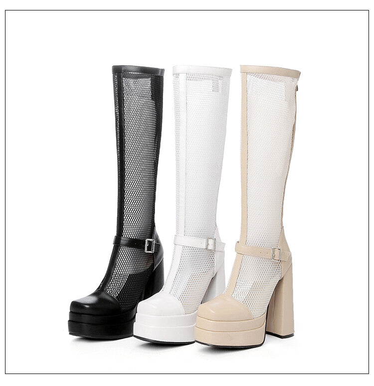 Square Toe Mesh Buckle Straps Block Chunky Heel Platform Tall Boots for Women