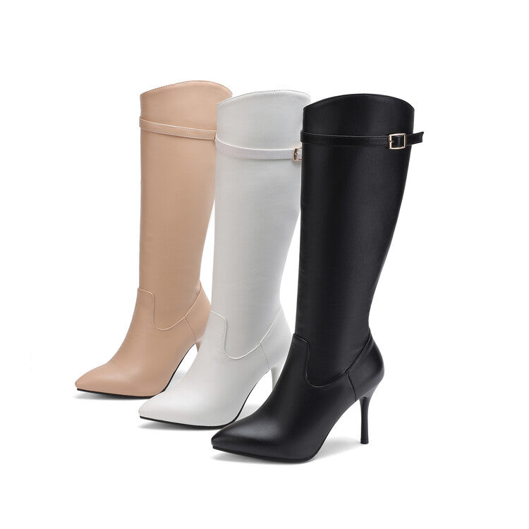 Pointed Toe Buckle Straps Stiletto Heel Zipper Knee High Boots for Women