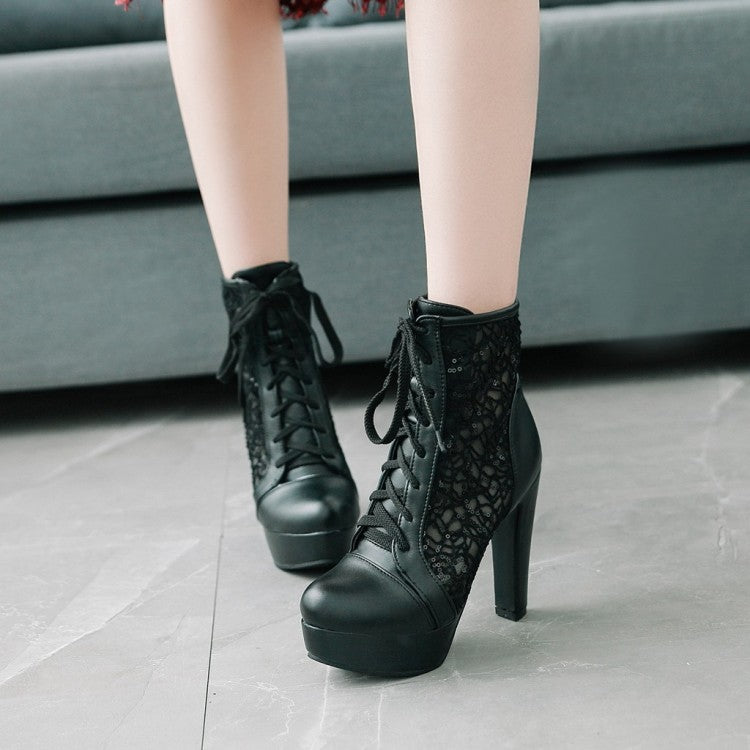 Almond Toe Lace Lace-Up Clear Block Chunky Heel Platform Short Boots for Women