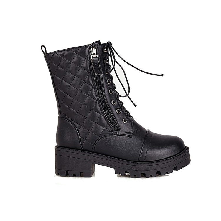 Round Toe Lace-Up Side Zippers Block Chunky Heel Platform Short Boots for Women