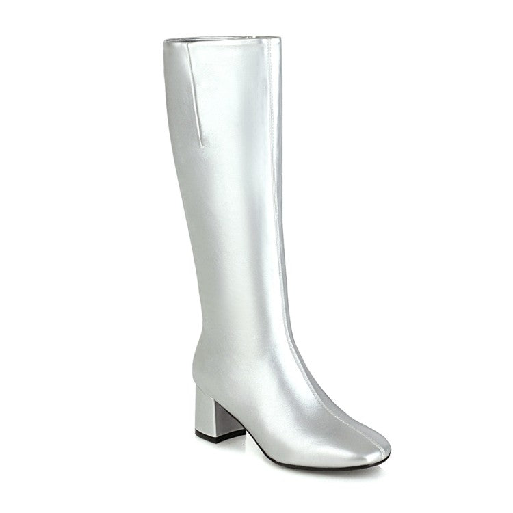 Square Toe Side Zippers Chunky Heel Knee-High Boots for Women