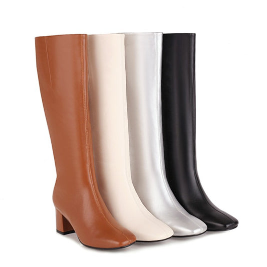 Square Toe Side Zippers Chunky Heel Knee-High Boots for Women