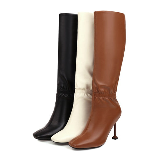 Square Toe Slouch Spool Heel Stiletto Heel Knee-High Boots for Women