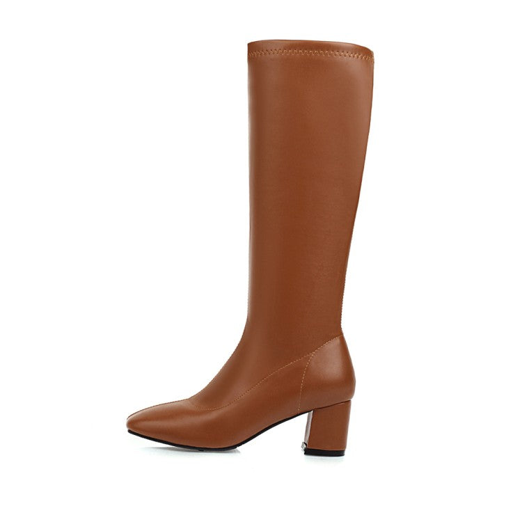 Glossy Side Zippers Chunky Heel Knee-High Boots for Women