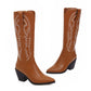 Pointed Toe Side Zippers Embroidery Flowers Beveled Heel Knee-High Boots for Women