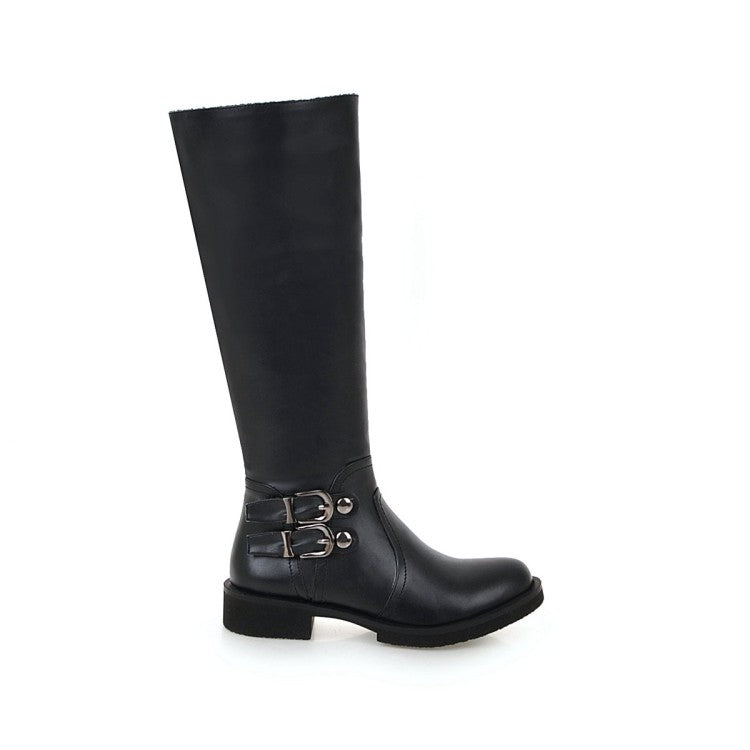 Side Zippers Buckle Straps Low Heels Knee-High Boots for Women