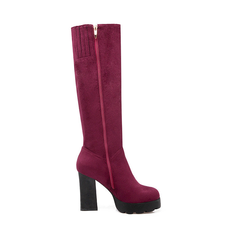 Side Zippers Round Toe Chunky Heel Platform Knee-High Boots for Women