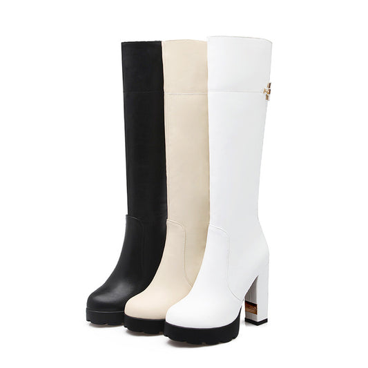 Round Toe Side Zippers Chunky Heel Platform Knee-High Boots for Women