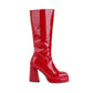 Glossy Square Toe Side Zippers Block Chunky Heel Platform Mid-Calf Boots for Women