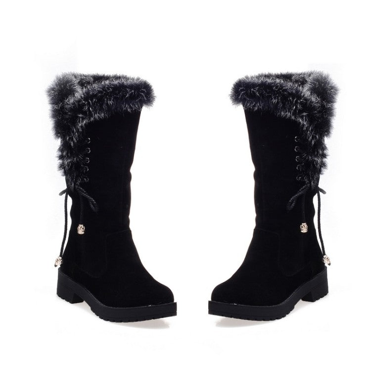 Flock Round Toe Lace-Up Block Chunky Heel Mid-Calf Boots for Women