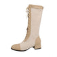 Square Toe Lace-Up Block Chunky Heel Mid Calf Boots for Women