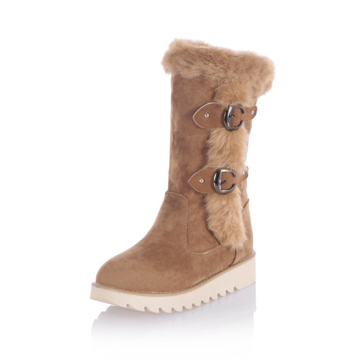 Round Toe Buckle Straps Flat Platform Mid-Calf Boots for Women