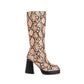 Snake Printed Square Toe Side Zippers Block Chunky Heel Platform Mid-Calf Boots for Women