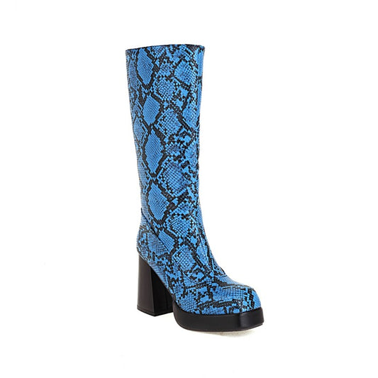 Snake Printed Square Toe Side Zippers Block Chunky Heel Platform Mid-Calf Boots for Women