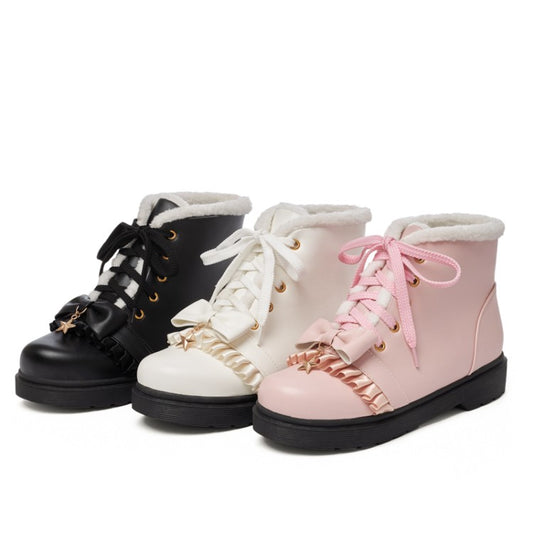 Lolita Bow Tie Lace Up Flat Ankle Boots for Women