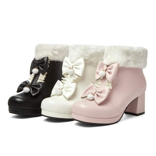 Booties Lolita Round Toe Bows Block Chunky Heel Platform Ankle Boots for Women