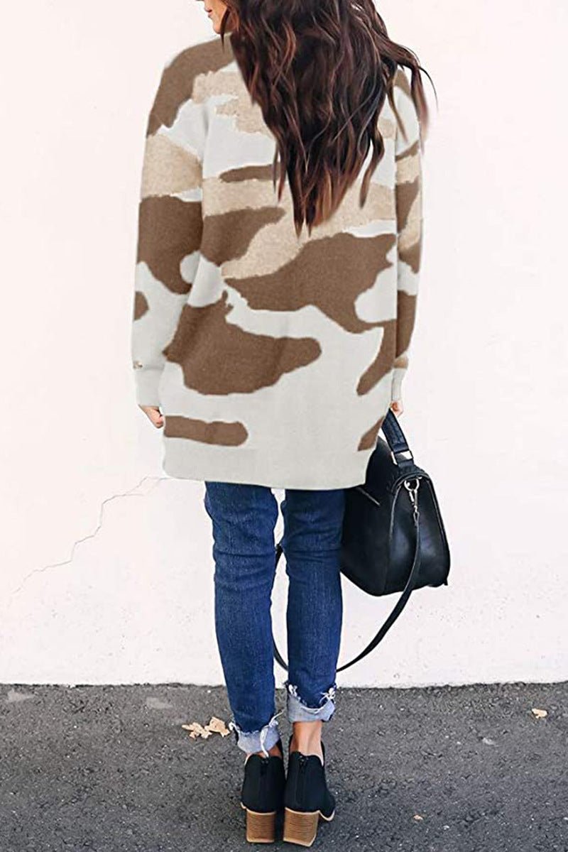 Cardigans Kniting Bicolor Camo Long Sleeves for Women