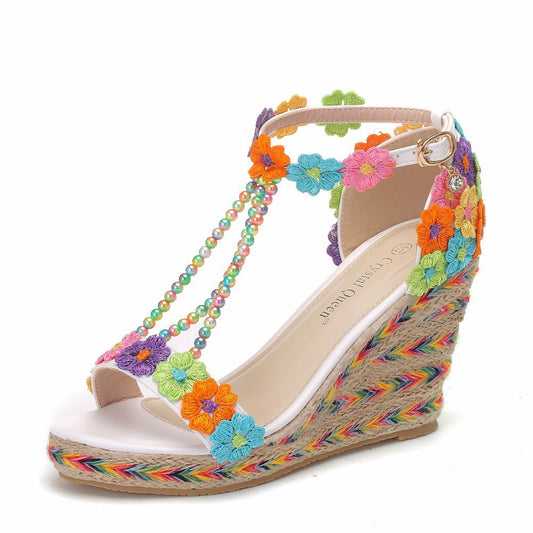 Women Flower String Bead Wedge Heel Plus Size Platform Sandals