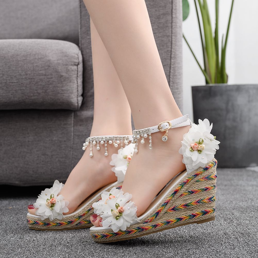 Women Flora Peep Toe String Bead Tassel Wedge Heel Platform Sandals