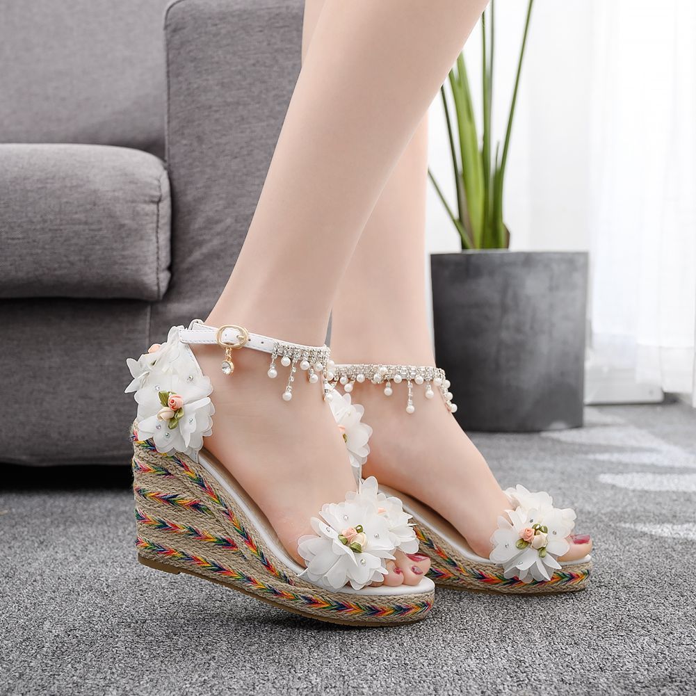 Women Flora Peep Toe String Bead Tassel Wedge Heel Platform Sandals